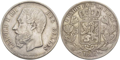 Бельгия 5 франков 1868 Леопольд II (1865-1909) KM 24 серебро 4184-613