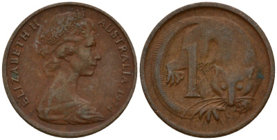 Австралия 1 цент 1974 Елизавета II (1953-), молодой портрет, опоссум KM 62 бронза 4602-218