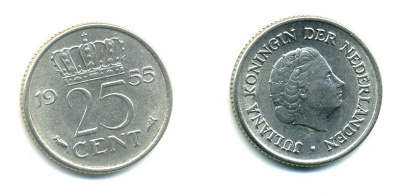 Нидерланды 25 центов 1955 Юлиана (1949-1980) KM 183 никель 76-363
