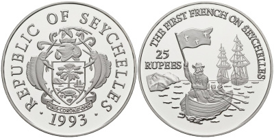 Сейшельские острова 25 рупий 1993 первые французы на Сейшелах, тираж 10000 экз. KM 69 серебро PROOF 1095-10-41