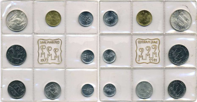 Сан-Марино годовой набор из 8 монет 1972 1, 2, 5, 10, 20, 50, 100 и 500 лир мать поднимает ребенка в воздух KM 14-21, в оригинальной пластиковой запайке серебро KM MS1 серебро UNC 5-4-3-51