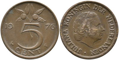 Нидерланды 5 центов 1976 Юлиана (1949-1980) KM 181 бронза 65-1222