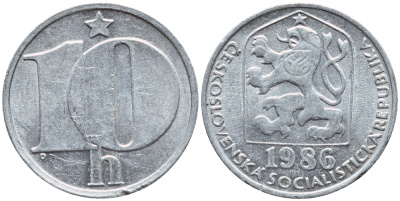 ЧЕХОСЛОВАКИЯ 10 ГЕЛЛЕРОВ 1986 СОЦИАЛИСТИЧЕСКАЯ РЕСПУБЛИКА KM 80 алюминий 4396-565