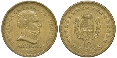 Уругвай 10 песо 1965 KM 48 алюминиевая бронза 4572-125