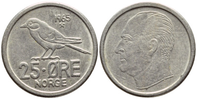 Норвегия 25 эре 1965 Улаф V (1958-1991), синица KM 407 медно-никель 4396-423