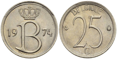 БЕЛЬГИЯ 25 САНТИМОВ 1974 BELGIQUE KM 153.1 медно-никель 4528-1027