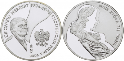 Польша 10 злотых 2008 MW, 10 лет со дня смерти Херберта Збигнева KM 635 серебро PROOF 1096-3-24
