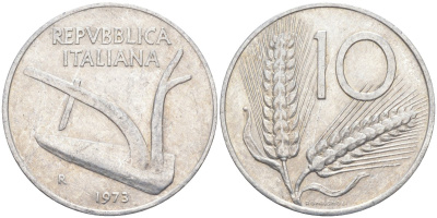 Италия 10 лир 1973 R, КОЛОС, плуг KM 93 алюминий 4519-956