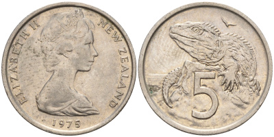Новая Зеландия 5 центов 1975 Елизавета II (1952-2022), ящерица гаттерия KM 34.1 медно-никель 4602-663