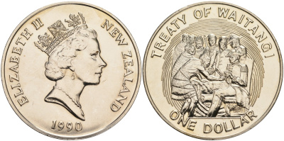 Новая Зеландия 1 доллар 1990 годовщина заключения Вайтангского договора, Елизавета II (1952-2022) KM 76 медно-никель UNC 73-821