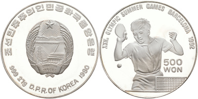 КНДР (Северная Корея) 500 вонов 1990 XXV Олимпийские игры 1992 года в Барселоне, настольный теннис KM 40 серебро PROOF 1074-4-13