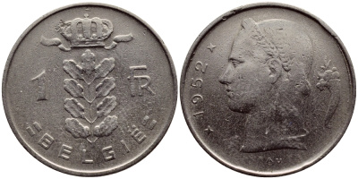 Бельгия 1 франк 1952 Belgie, Бодуэн I (1951-1993) KM 143.1 медно-никель 4390-1226