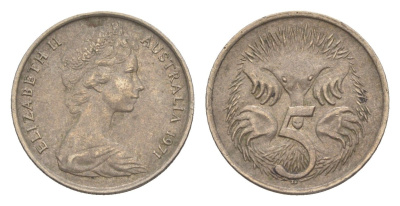 Австралия 5 центов 1971 Елизавета II (1952-2022) молодой портрет, ехидна KM 64 медно-никель 4151-963