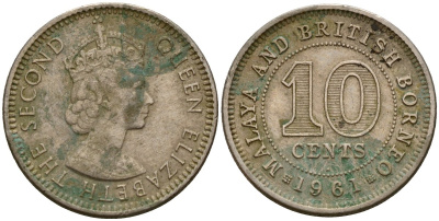 Малайя и Британское Борнео 10 центов 1961 Елизавета II (1952-2022) KM 2 медно-никель 4158-642