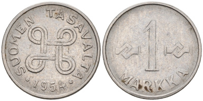 ФИНЛЯНДИЯ 1 МАРКА 1954 KM 38а железо плакированное никелем 192-1211