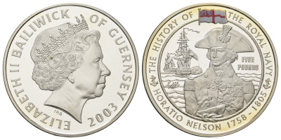 Гернси 5 фунтов 2003 История королевского флота - Горацио Нельсон KM 160a серебро PROOF 11-085-42