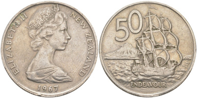 Новая Зеландия 50 центов 1967 Елизавета II (1952-2022), парусник Индевор KM 37.1 медно-никель 3855-1044