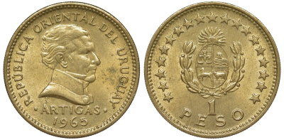 Уругвай 1 песо 1965 KM 46 алюминиевая бронза 106-925