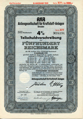 Германия 500 рейхсмарок 1941 АО топливных заводов, Дрезден, также известное как AKA, 4% частичное обязательство, облигация   бумага   8803-37-1