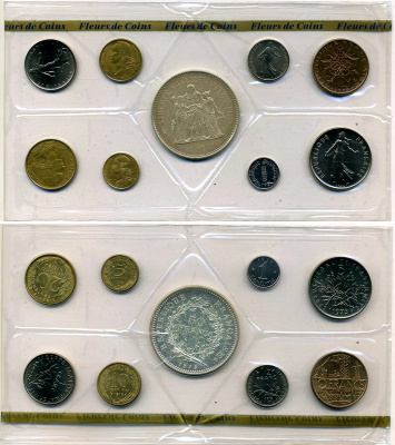 Франция набор из 9 монет 1975 SPECEMEN FDC SET (FLEUR DE COIN), запайка, коробка, сертификат KM SS 12 BUNC 3-4-8-17