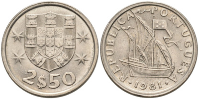 Португалия 2,5 эскудо 1981 парусник KM 590 медно-никель 4567-462
