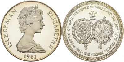 Остров Мэн 1 крона 1981 Королевская свадьба принца Чарльза и леди Дианы, гербы KM 81a серебро PROOF 02-056-22