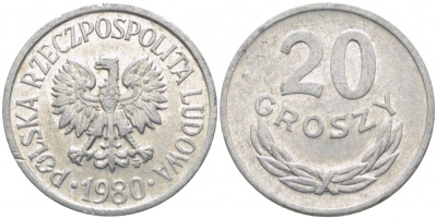 ПОЛЬША 20 ГРОШЕЙ 1980 MW KM А47 алюминий 4448-833