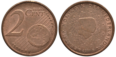 НИДЕРЛАНДЫ 2 ЕВРОЦЕНТА 2001 КОРОЛЕВА БЕАТРИКС KM 235 сталь плакированная медью 4181-433