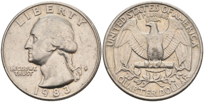 США 25 центов = квотер 1983 P, Вашингтон KM A164a медь плакированная медно-никелем 4584-1147