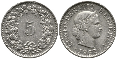 Швейцария 5 раппенов 1962 B KM 26 медно-никель 4528-643