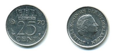 НИДЕРЛАНДЫ 25 ЦЕНТОВ 1970 ЮЛИАНА KM 183 никель 76-518