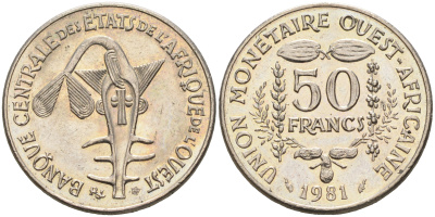 Валютное сообщество стран Западной Африки 50 франков 1981  KM 6 медно-никель  UNC  4595-731