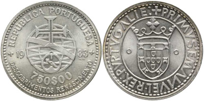 Португалия 750 эскудо 1983 XVII выставка европейского искусства КМ 621 серебро UNC 1519-1242