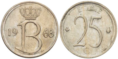 Бельгия 25 сантимов 1968 Belgie, Бодуэн I (1951-1993) KM 154.1 медно-никель 201-1254