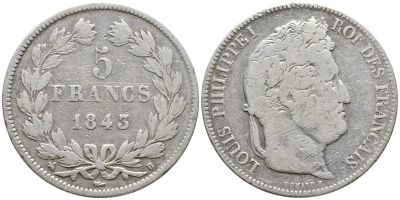 Франция 5 франков 1843 B, Луи Филипп I (1830-1848) KM 749.2 серебро 1066-7-56