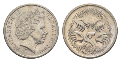 Австралия 5 центов 2001 Елизавета II (1952-2022), ехидна KM 401 медно-никель 4154-254