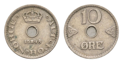 Норвегия 10 эре 1948 Хокон VII (1905-1957) KM 383 медно-никель 4632-1136