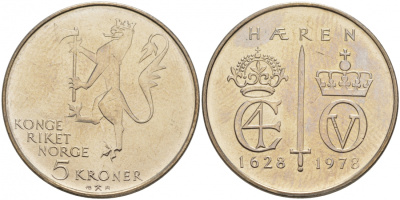 Норвегия 5 крон 1978 350 лет Норвежской армии KM 423 медно-никель UNC M11-18
