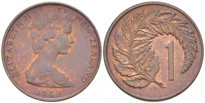 Новая Зеландия 1 цент 1980 Елизавета II (1952-2022), лист папоротника KM 31.1 бронза 214-835