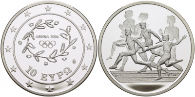 Греция 10 евро 2003 XXVIII летние Олимпийские игры 2004 года в Афинах, легкая атлетика, эстафета KM 196 серебро PROOF 00-000