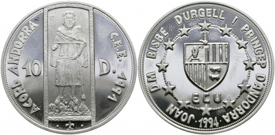 Андорра 10 динеров 1994 таможенный союз ECU, король Арагона и Валенсии, граф Барселоны Педро III KM 99 серебро PROOF 1095-4-31