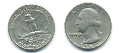 США 25 центов (квотер) 1967 Вашингтон KM 164а медь плакированная медно-никелем 93-1122