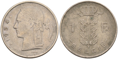 БЕЛЬГИЯ 1 ФРАНК 1954 BELGIE KM 143.1 медно-никель 4563-1214