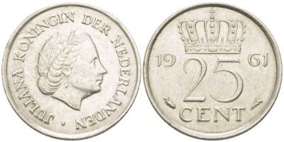 НИДЕРЛАНДЫ 25 ЦЕНТОВ 1961 ЮЛИАНА (1948-1980) KM 183 никель 214-933
