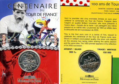 Франция 1/4 евро 2003 100 лет велогонкам "Тур де Франс", запайка, оригинальный картонный буклет KM 1995 серебро BUNC 1-6-4-26