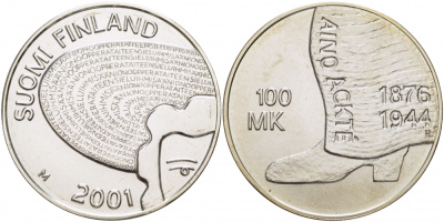 Финляндия 100 марок 2001 Айно Акте (1876-1944), оперная певица KM 97 серебро UNC 1087-4-31