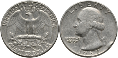 США 25 центов (квотер) 1967 Вашингтон KM 164a медь плакированная медно-никелем 4390-1025