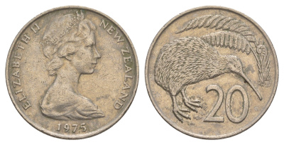 Новая Зеландия 20 центов 1975 Елизавета II (1952-2022), птичка киви KM 36.1 медно-никель 4182-1053