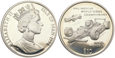 Остров Мэн 10 фунтов 1994 Найджел Мэнселл, чемпион Мировой серии PPG Indycar, гоночный болид КМ 400 серебро  PROOF  1091-2-34