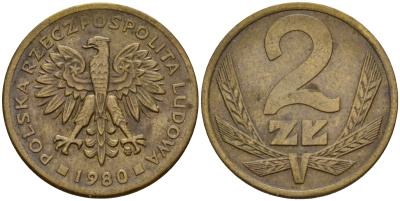 Польша 2 злотых 1980 MW KM 80.1, Parchimowicz 217g латунь 4189-247